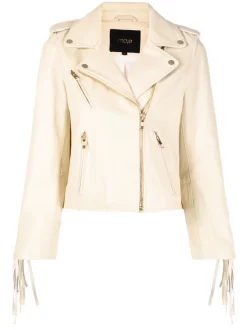 ( Neue Saison ) Maje Ecru Bikerjacke Mit Fransen Damen