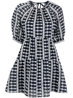 ( Neue Saison ) Maje Kleid Mit Geometrischem Muster D009 NAVY / ECRU